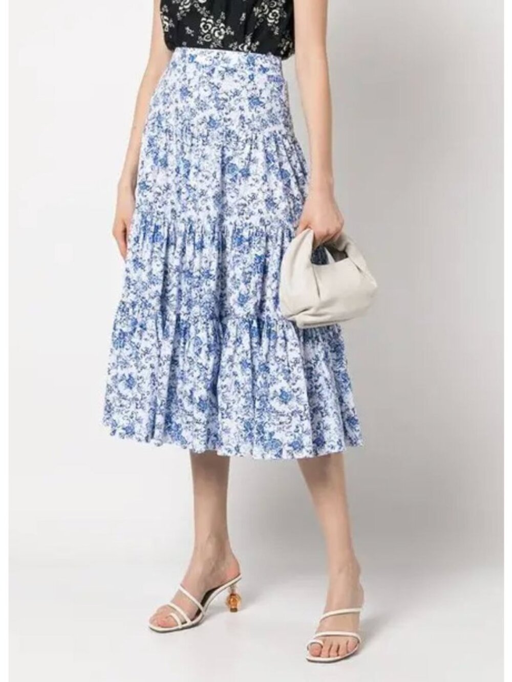 Caroline Constas Floral-Print Toile Tiered Midi Skirt Blue White Cotton Medium